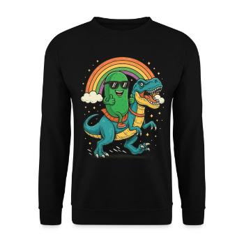 Coole Gurke Reiten Dinosaurier Cartoon Regenbogen - Unisex Pullover - Schwarz - Vorne - Alina (178cm) & Michal (187cm)