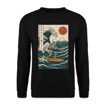 Skelett Surfen Japanische Welle Mt. Fuji Retro Kunst - Unisex Pullover - Schwarz - Vorne - Alina (178cm) & Michal (187cm)