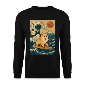 Chien de Poméranie Amoureux Surf Grande Vague Mont Fuji - Sweat-shirt Unisexe - noir - Devant - Alina (178cm) & Michal (187cm)