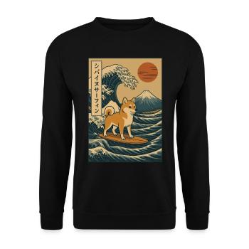Shiba Inu Hund Surfen Japanische Welle Kunst Berg Fuji - Unisex Pullover - Schwarz - Vorne - Alina (178cm) & Michal (187cm)