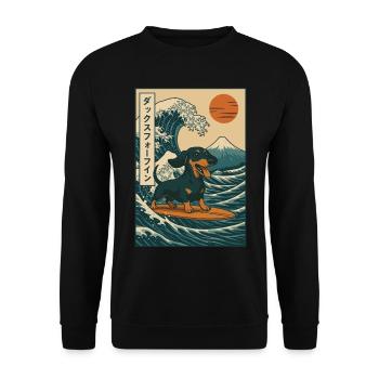 Dachshund Dog Lover Surfing Japanese Wave Art - Unisex Sweatshirt - black - Front - Alina (178cm) & Michal (187cm)