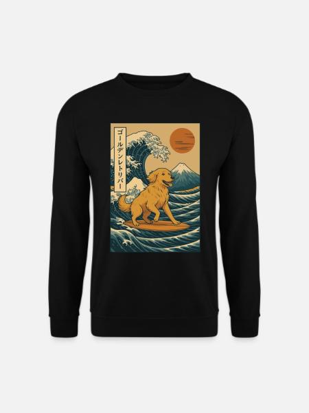 Golden Retriever Hund Surfen Welle Japanischer Art - Unisex Pullover - Schwarz