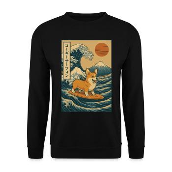 Corgi Dog Surfing Wave Mount Fuji Japanese Art - Unisex Sweatshirt - black - Front - Alina (178cm) & Michal (187cm)