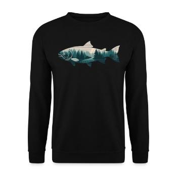 lachs fisch wald natur angeln bäume berg - Unisex Pullover - Schwarz - Vorne - Alina (178cm) & Michal (187cm)