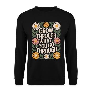 Boho-Blumen Zitat: Wachse Durch Was Du Erlebst - Unisex Pullover - Schwarz - Vorne - Alina (178cm) & Michal (187cm)