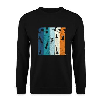 Beunruhigter Retro grafischer Schachfigur-Großmeister - Unisex Pullover - Schwarz - Vorne - Alina (178cm) & Michal (187cm)