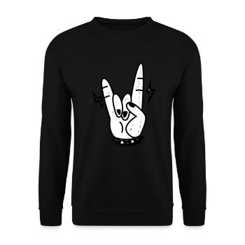 Ehrfürchtiges Rock-and-Rollhandzeichen beunruhigte Grafik - Unisex Pullover - Schwarz - Vorne - Alina (178cm) & Michal (187cm)