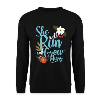 Verset de la Bible chrétienne, elle courra et grandira - Sweat-shirt Unisexe - noir - Devant - Alina (178cm) & Michal (187cm)