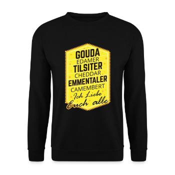 Gouda Edamer Tilsiter Chedder Ich Liebe Sie Alle - Unisex Pullover - Schwarz - Vorne - Alina (178cm) & Michal (187cm)