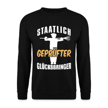 Staatlich Geprüfter Glücksbringer - Unisex Pullover - Schwarz - Vorne - Alina (178cm) & Michal (187cm)