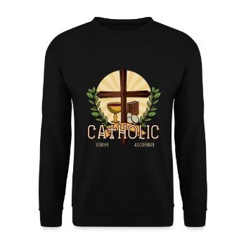 Catholic Venite Adoremus Religion God Faith Cross - Unisex Sweatshirt - black - Front - Alina (178cm) & Michal (187cm)