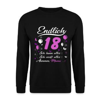 18 Geburtstag Mädchen Geschenk lustig 18. Ehrentag - Unisex Pullover - Schwarz - Vorne - Alina (178cm) & Michal (187cm)