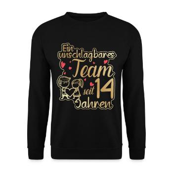 Ein perfektes Team seit 14 Jahren Hochzeitstag - Unisex Pullover - Schwarz - Vorne - Alina (178cm) & Michal (187cm)