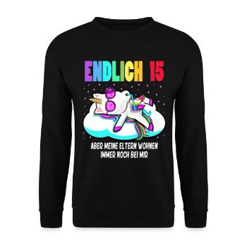 15. Geburtstag Mädchen Geschenk lustig Einhorn - Unisex Pullover - Schwarz - Vorne - Alina (178cm) & Michal (187cm)