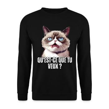 Humour chat qu'est ce que tu veux ? blague meme - Sweat-shirt Unisexe - noir - Devant - Alina (178cm) & Michal (187cm)