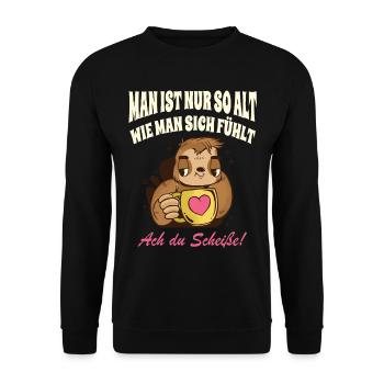 Lustige Rentner Sprüche Faultier Kaffee Herz - Unisex Pullover - Schwarz - Vorne - Alina (178cm) & Michal (187cm)