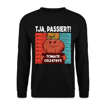 Witziges Fahndungsfoto Tomate Passiert Gärtner - Unisex Pullover - Schwarz - Vorne - Alina (178cm) & Michal (187cm)