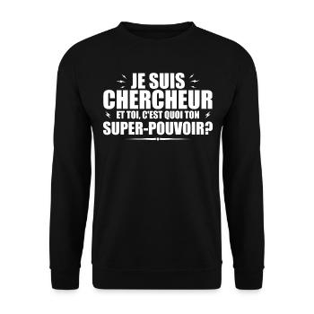 Ich bin Forscher. Was ist deine Superkraft? - Unisex Pullover - Schwarz - Vorne - Alina (178cm) & Michal (187cm)