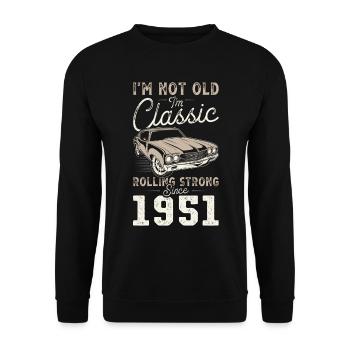 Né en 1951 Anniversaire Voiture classique - Sweat-shirt Unisexe - noir - Devant - Alina (178cm) & Michal (187cm)
