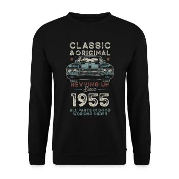 Geboren 1955 Geburtstag Oldtimer - Unisex Pullover - Schwarz - Vorne - Alina (178cm) & Michal (187cm)