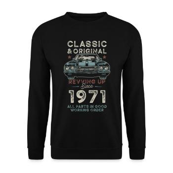 Geboren 1971 Geburtstag Oldtimer - Unisex Pullover - Schwarz - Vorne - Alina (178cm) & Michal (187cm)