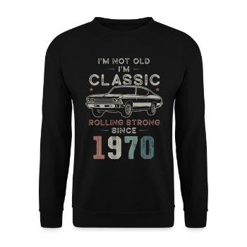 Geboren 1970 Geburtstag Oldtimer - Unisex Pullover - Schwarz - Vorne - Alina (178cm) & Michal (187cm)