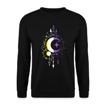 Nonbinary Pride Flagge mit mystischem Mond Symbol - Unisex Pullover - Schwarz - Vorne - Alina (178cm) & Michal (187cm)