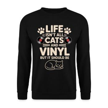 Vinyl Spruch Katzen Schallplatte Vinyl Geschenk - Unisex Pullover - Schwarz - Vorne - Alina (178cm) & Michal (187cm)