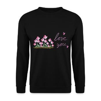 pinke blumen ich liebe dich herz - Unisex Pullover - Schwarz - Vorne - Alina (178cm) & Michal (187cm)