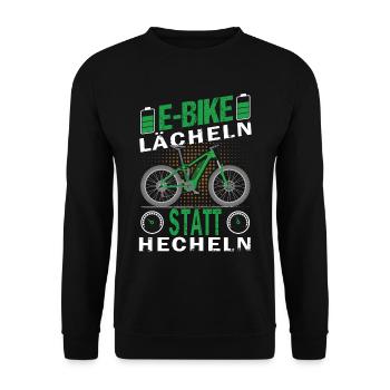 E-Bike -Lächeln statt hecheln - Unisex Pullover - Schwarz - Vorne - Alina (178cm) & Michal (187cm)