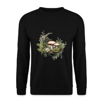 Waldpilze und Moos mit Rose - Unisex Pullover - Schwarz - Vorne - Alina (178cm) & Michal (187cm)