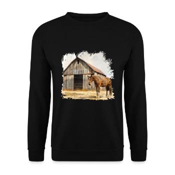 Rustikaler Pferdestall mit Braunem Pferd - Unisex Pullover - Schwarz - Vorne - Alina (178cm) & Michal (187cm)