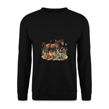Braunes Pferd Im Blumenfeld Mit Schmetterlingen - Unisex Pullover - Schwarz - Vorne - Alina (178cm) & Michal (187cm)