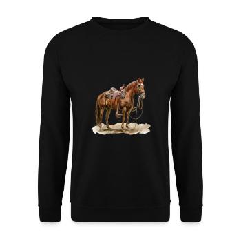 Braunes Pferd Mit Sattel Im Freien - Unisex Pullover - Schwarz - Vorne - Alina (178cm) & Michal (187cm)