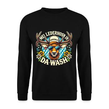 Mei Lederhosn in Da Wash Bierdurst Hirsch - Unisex Pullover - Schwarz - Vorne - Alina (178cm) & Michal (187cm)