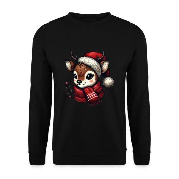 Niedliches Rentier Mit Weihnachtsmütze Und Schal - Unisex Pullover - Schwarz - Vorne - Alina (178cm) & Michal (187cm)