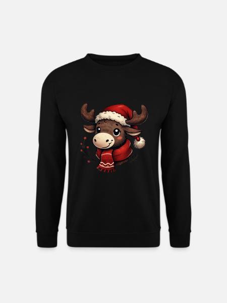 Süßes Rentier Mit Weihnachtsmütze - Unisex Pullover - Schwarz