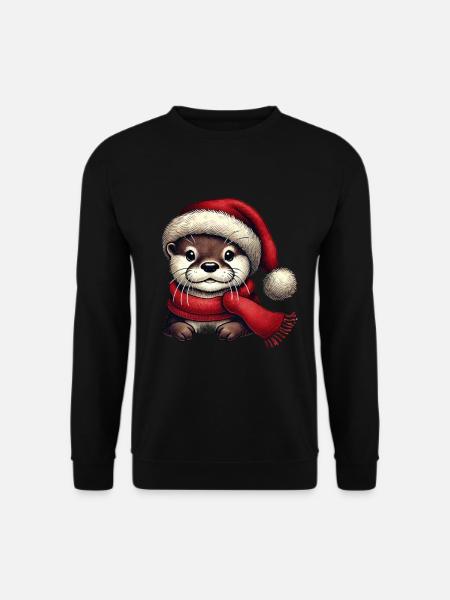 Niedlicher Otter Mit Weihnachtsmütze Und Schal - Unisex Pullover - Schwarz