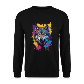 Farbiger Wolfskopf Aquarell Kunstwerk - Unisex Pullover - Schwarz - Vorne - Alina (178cm) & Michal (187cm)