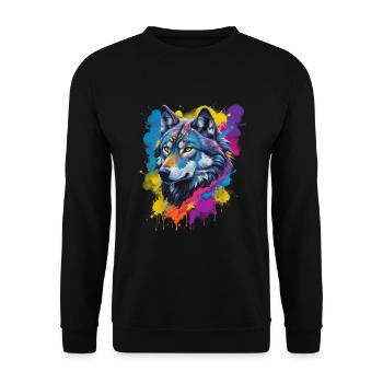 Farbexplosion Wolf Portrait Künstlervision - Unisex Pullover - Schwarz - Vorne - Alina (178cm) & Michal (187cm)