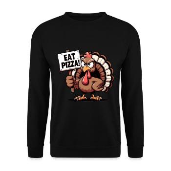 Lustiger Truthahn Mit Pizza Schild - Unisex Pullover - Schwarz - Vorne - Alina (178cm) & Michal (187cm)