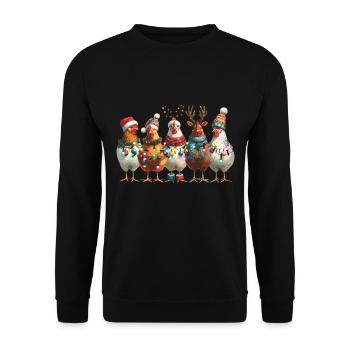 Weihnachtliche Hühner Mit Lichterketten Und Mützen - Unisex Pullover - Schwarz - Vorne - Alina (178cm) & Michal (187cm)