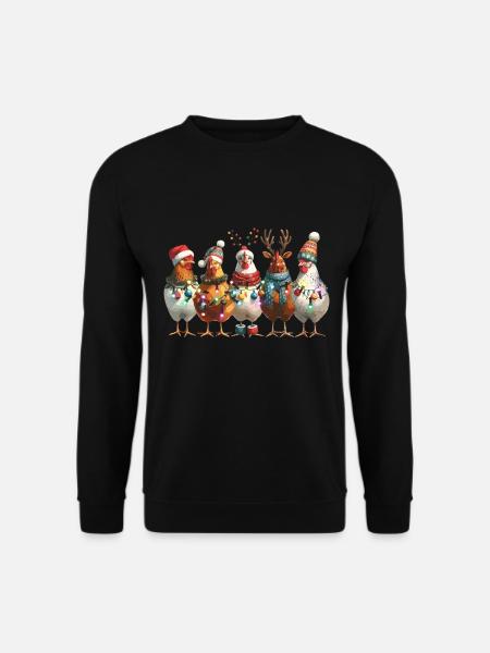 Weihnachtliche Hühner Mit Lichterketten Und Mützen - Unisex Pullover - Schwarz