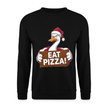 Weihnachtliche Ente Sagt: Eat Pizza - Unisex Pullover - Schwarz - Vorne - Alina (178cm) & Michal (187cm)