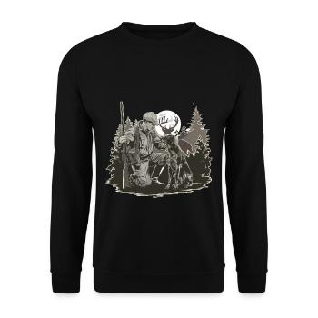 Jäger Mit Hund Im Wald Bei Vollmond - Unisex Pullover - Schwarz - Vorne - Alina (178cm) & Michal (187cm)