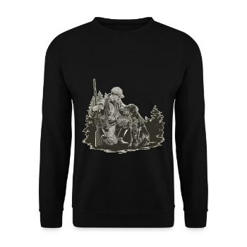 Jäger Mit Hund Im Wald Naturverbunden - Unisex Pullover - Schwarz - Vorne - Alina (178cm) & Michal (187cm)