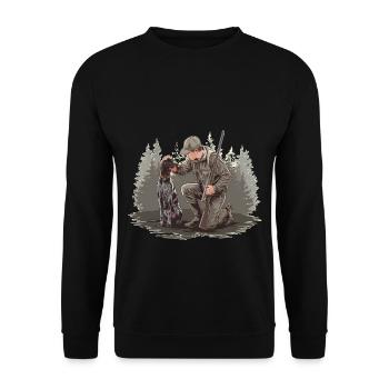 Jäger Mit Hund Im Wald Motiv - Unisex Pullover - Schwarz - Vorne - Alina (178cm) & Michal (187cm)