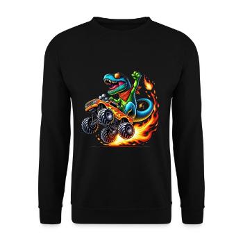 Abenteuerlustiger Dinosaurier Auf Monstertruck - Unisex Pullover - Schwarz - Vorne - Alina (178cm) & Michal (187cm)