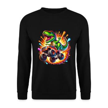 Abenteuerlustiger Dinosaurier Auf Monstertruck - Unisex Pullover - Schwarz - Vorne - Alina (178cm) & Michal (187cm)
