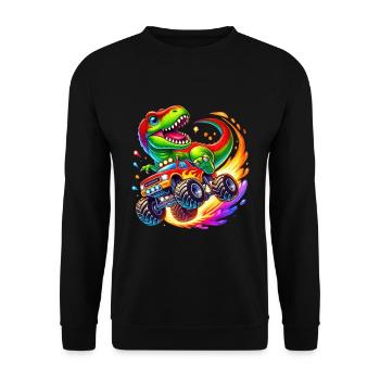 Abenteuerlustiger Dinosaurier Auf Monstertruck - Unisex Pullover - Schwarz - Vorne - Alina (178cm) & Michal (187cm)
